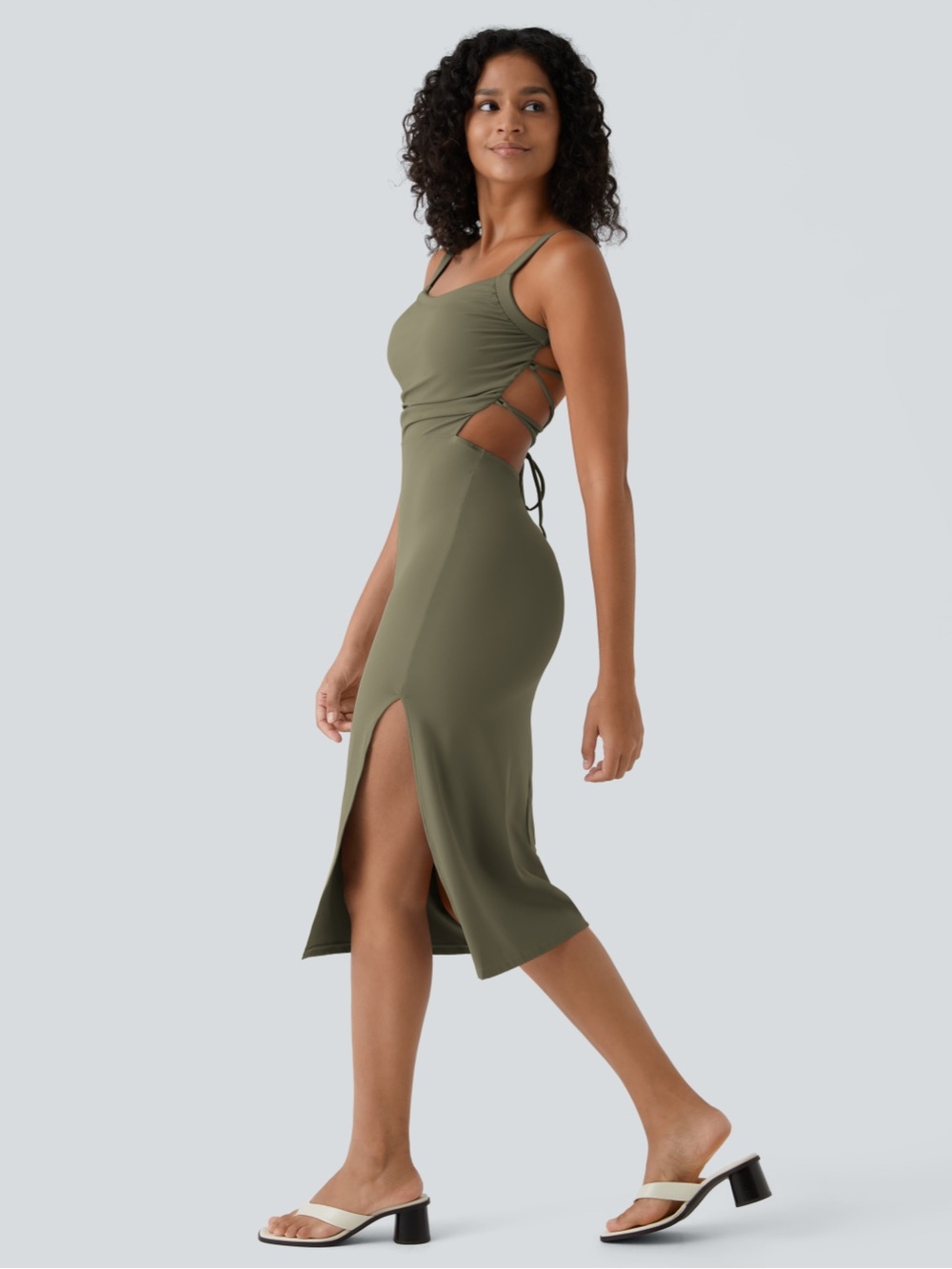 Halara SoftlyZero™ Airy Ruched Lace Up Bodycon Midi Casual Dress - Picture 3 of 5